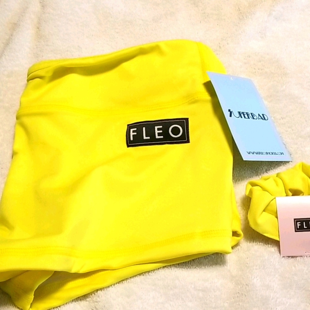 NWT Fleo L neon yellow shorts w/ scrunchie